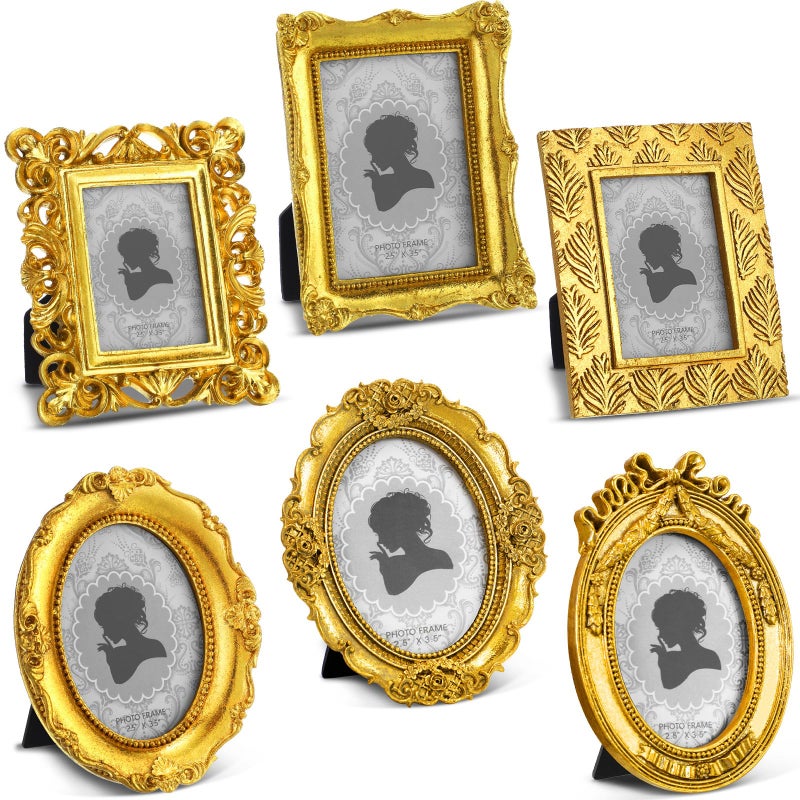 Vicenpal 6 Pcs Tiny Picture Frame Small Picture Frames Oval Frames Gold Vintage Baroque Ornate Antique Frames Resin Oval Frame Table Display Frame for Home WeddingClassic Style