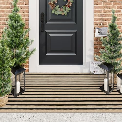 LEEVAN Black and Tan Outdoor Rugs 3x5 Stripe Front Porch Rugs HandWoven Front Door Mat Washable Cotton Reversible Entry Rugs Layered Doormats for Outside Entrance Patio Balcony Living Room Kitchen - Image 1