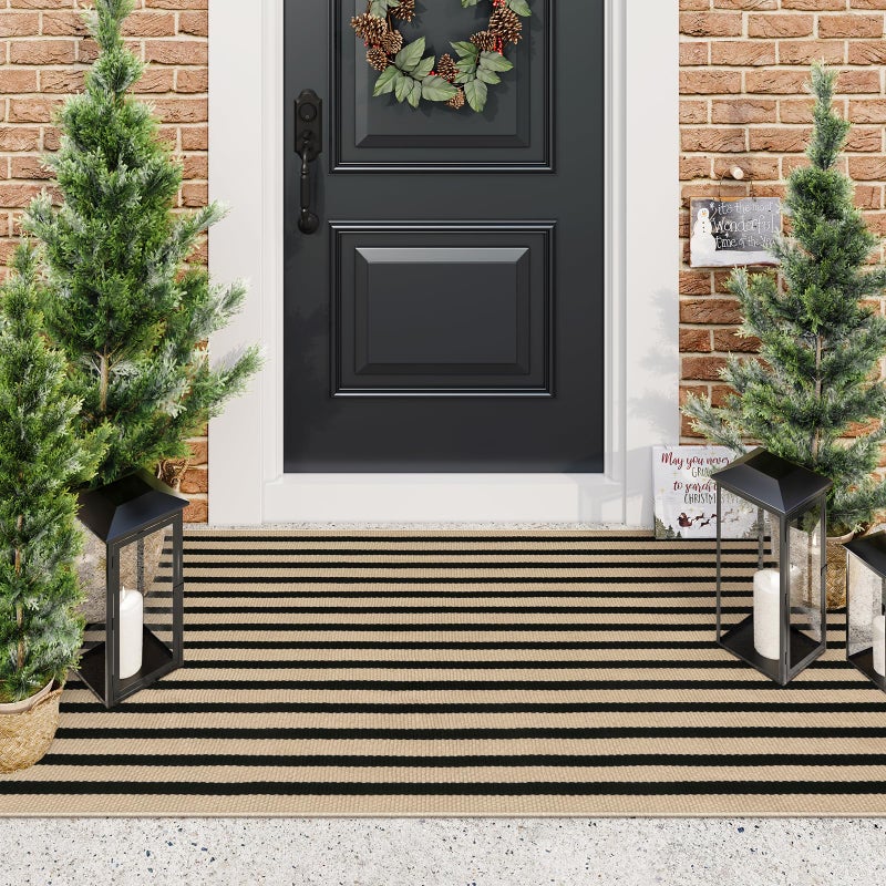 LEEVAN Black and Tan Outdoor Rugs 3x5 Stripe Front Porch Rugs HandWoven Front Door Mat Washable Cotton Reversible Entry Rugs Layered Doormats for Outside Entrance Patio Balcony Living Room Kitchen - Image 2