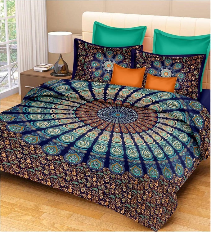 COTTON MANDALA DOUBLE BEDSHEET PEACOCK FEATHERS PRINTED DESIGN WITH 2 PILLOW COVERSKING SIZE BLUE