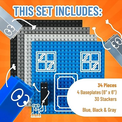 Strictly Briks Stackable Baseplates - Compatible with Lego, 6 x 6 inches Stackable Baseplates for Buidling Brick Display Shelves, Expand Vertical Builds, 4 Baseplates & 30 Stakcers, Green - Image 3