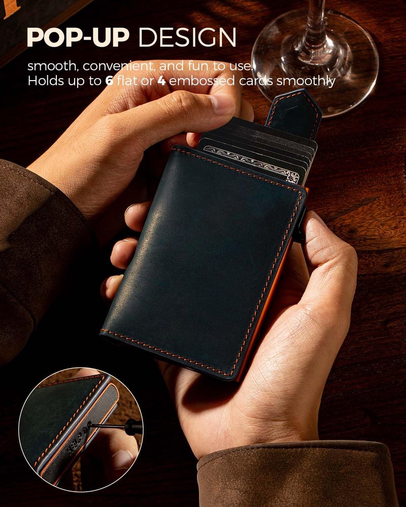 LORZOR Slim Wallet for Men with Security Latch, Pop Up Metal Card Holder Wallet, Finest Full Grain Leather Bifold Wallets, Smart, Minimalist, RFID Blocking, Front Pocket, ID Window - Image 3