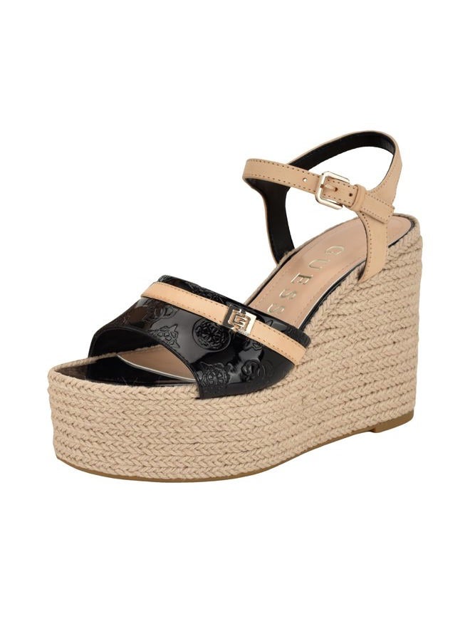 GUESS Women's Taani Wedge Sandal, Black Patent Logo 001, 36 EU - Image 1