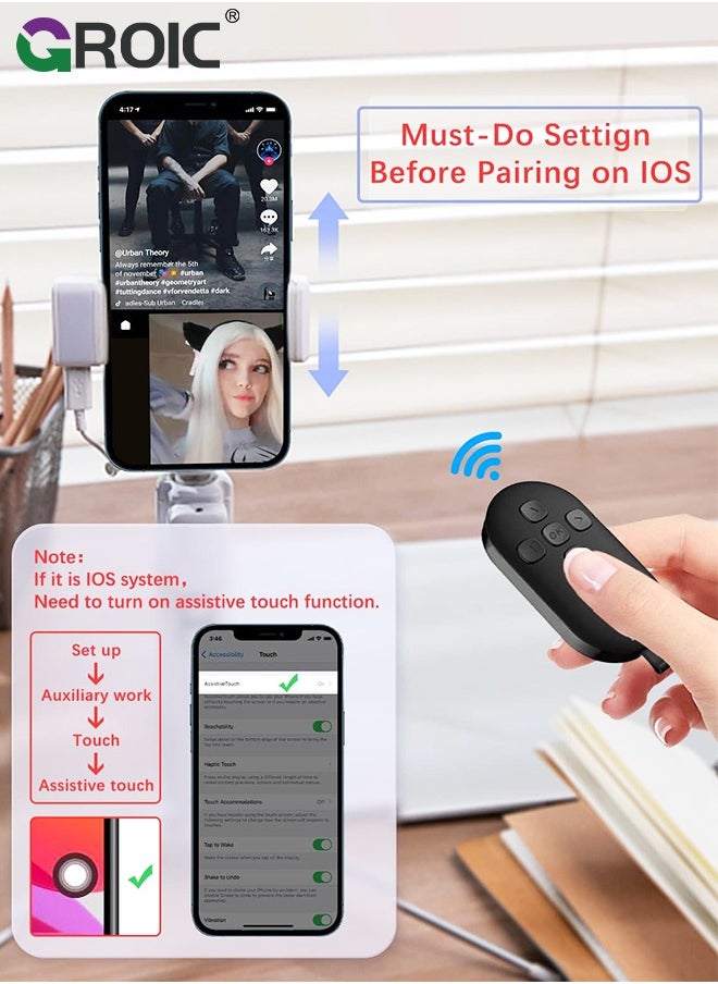 GROIC - Remote Control, Bluetooth Remote Control with iPad Kindle Client Page Turner, Create Photos and Video Recording Remote, Type-C Rechargeable Bluetooth Remote for iPhone, iPad and Android - Image 1