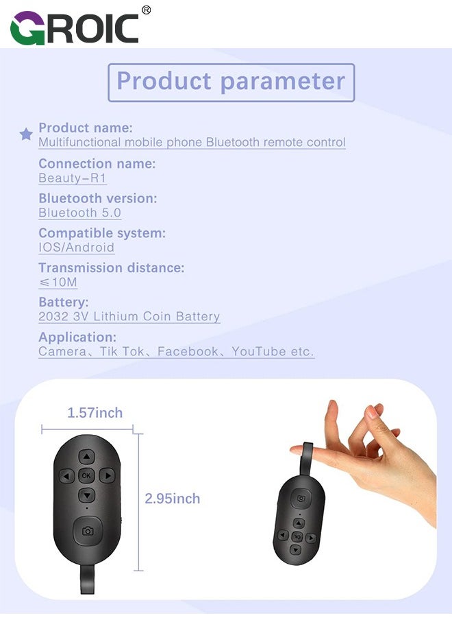 GROIC - Remote Control, Bluetooth Remote Control with iPad Kindle Client Page Turner, Create Photos and Video Recording Remote, Type-C Rechargeable Bluetooth Remote for iPhone, iPad and Android - Image 1