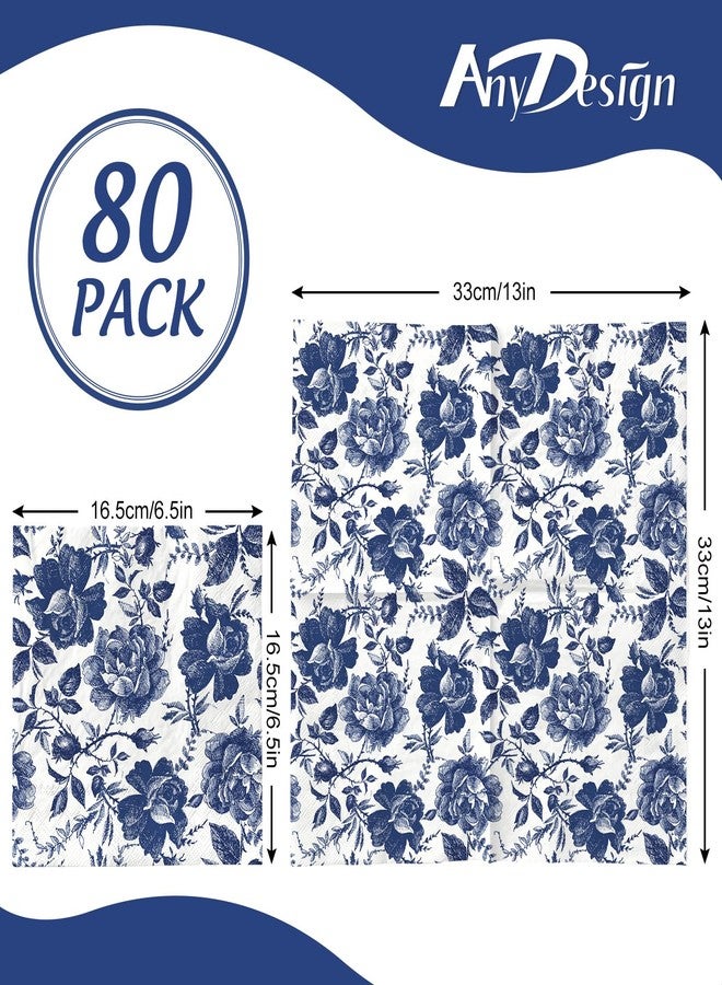 AnyDesign 80Pcs Blue White Porcelain Floral Paper Napkins Vintage Chinoiserie Flower Disposable Luncheon Napkins Retro Toile Dessert Dinner Hand Napkin for Birthday Wedding Baby Shower - Image 2