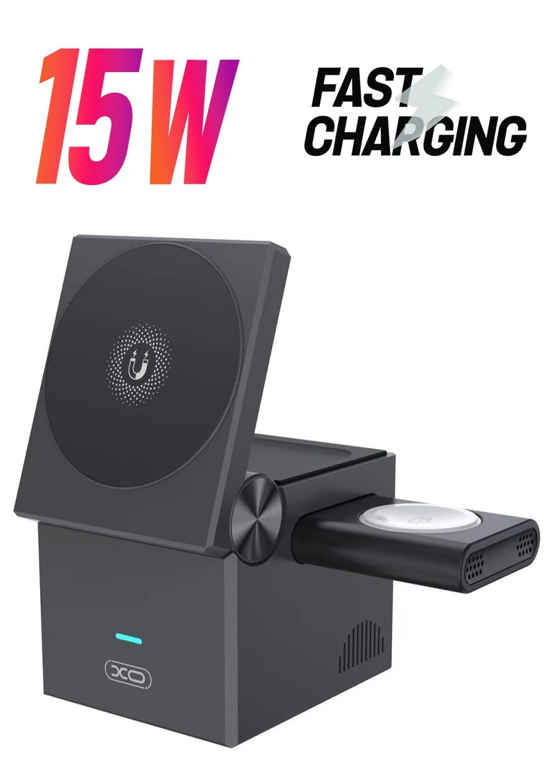 Beauenty - 3-in-1 Cube Compatible with MagSafe, 15W Fast Charging Foldable Wireless Charger Station, Compatible with iPhone 15/14/13, Apple Watch 1-8/Ultra, AirPods Pro, Magnetic wireless charger (CX027) - Image 1