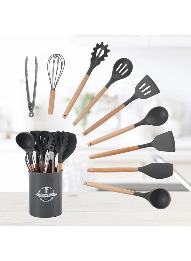 دانوب هوم Danube Essential 10 Piece Kitchen Utensils Set Silicon Beech Wood PP Kitchen Utensil Kit Essential Cooking Utensil Set For Home Kitchen & Dining Room L12.5xW12.5xH33cm Grey