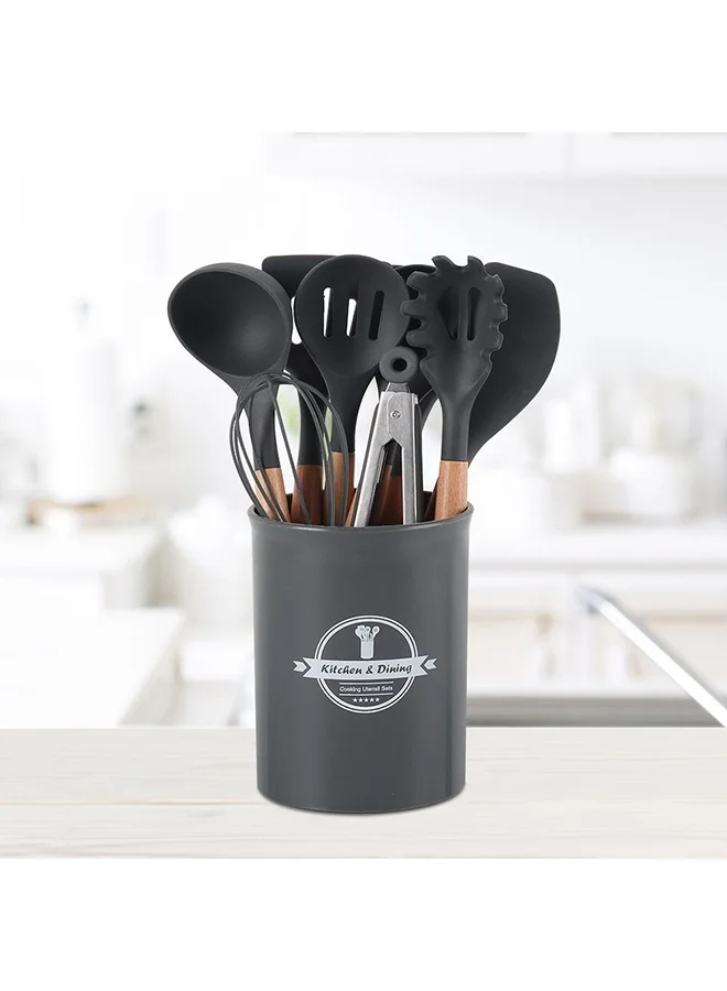 دانوب هوم Danube Essential 10 Piece Kitchen Utensils Set Silicon Beech Wood PP Kitchen Utensil Kit Essential Cooking Utensil Set For Home Kitchen & Dining Room L12.5xW12.5xH33cm Grey