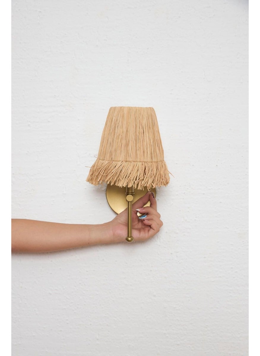 Maison Avf - Bohemian Wicker Raffia Fringed Handmade Antique Gold Led Wall Lamp - Image 1