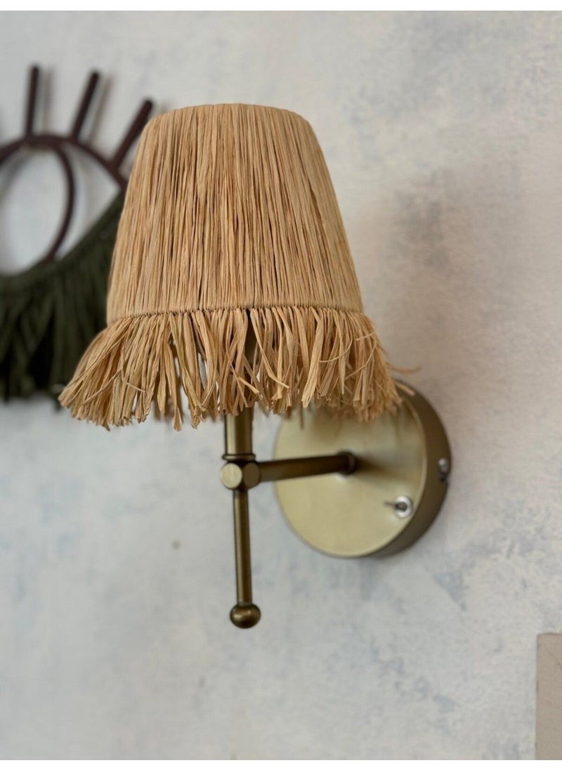 Maison Avf - Bohemian Wicker Raffia Fringed Handmade Antique Gold Led Wall Lamp - Image 1