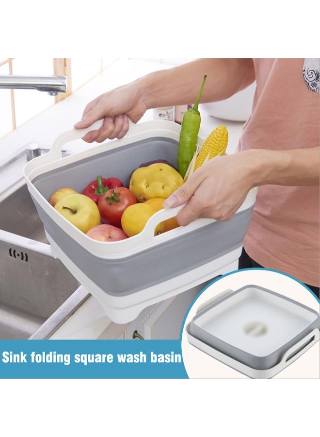 9L Collapsible Dish Basin with Drain Plug – Foldable Washing Tub with Handles, Portable Sink for RV, Camping, Kitchen, Grey - Image 3