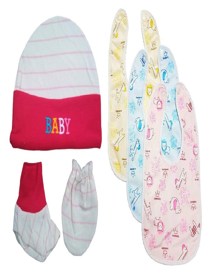 Lappu Baby Button Bibs/Apron Cute Multi Print| Waterproof Bib Set With Newborn Baby Cap Mitten Booties Set (Red) - Image 1