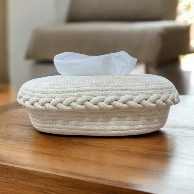 BOBBINY Cotton Tissue Box Holder Rectangular Facial Tissue Box Holder Tissue Dispenser for HomeOfficeCar 28X16X8 Cm Off White Design 2 - Image 1