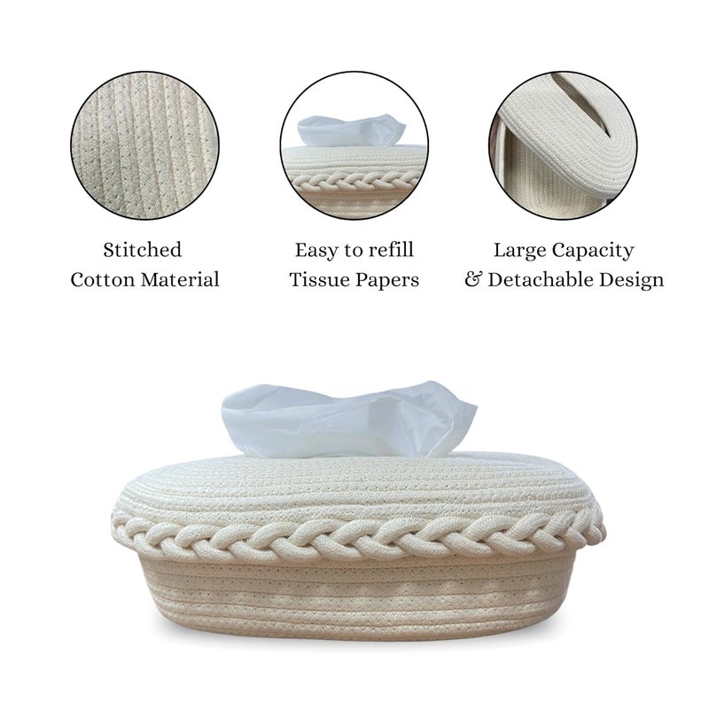 BOBBINY Cotton Tissue Box Holder Rectangular Facial Tissue Box Holder Tissue Dispenser for HomeOfficeCar 28X16X8 Cm Off White Design 2 - Image 2