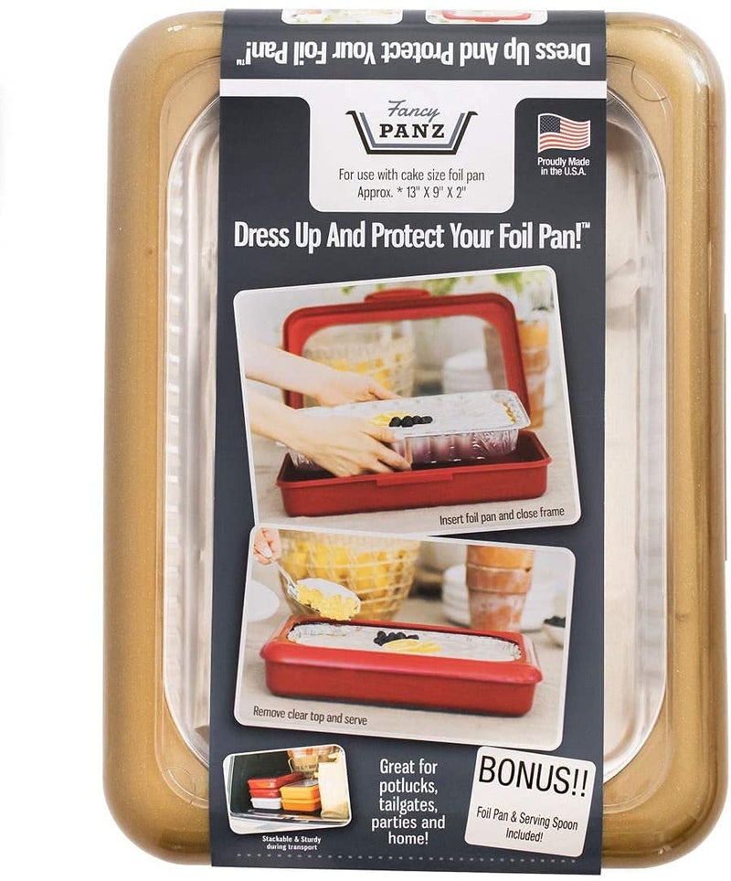 Fancy Panz Serving Tray for Food Made in the USA Foil Pan Carrier Stackable Aluminum Pan Holders 9x13x2 Travel Casserole Carrier Gold Glitter