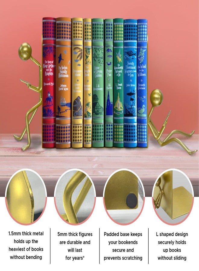 Ottimo Heavy Duty Metal Unique Office Desk Bookends for use as Bookshelf Decor, Home, Office or Kitchen Shelves. Unique, Cute and Decorative Book Stopper to Hold Books, Great Gift Idea (Gold) - Image 3
