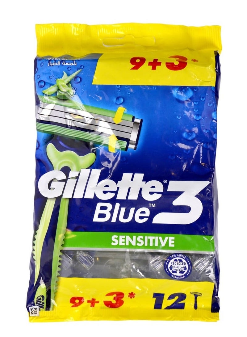 Gillette Blue 3 Sensitive Men's Disposable Razors 9+3 Razors – Pack of 12 – Packaging May Vary - Image 1