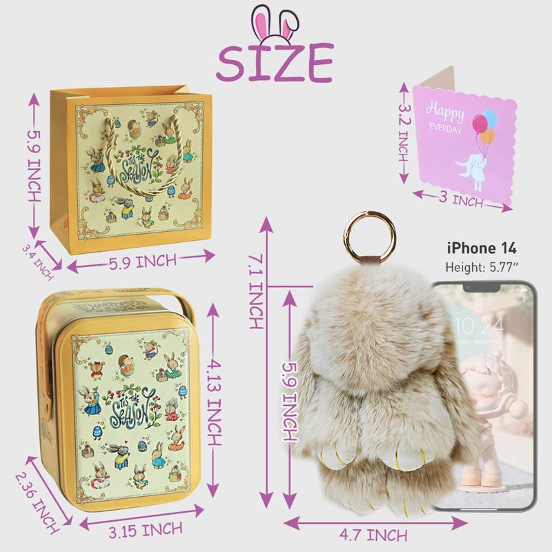 MINGRI Soft Bunny Keychain with Tin,Cute Easter Gift Plush Keychain for Backpack,Bag Charm Gift Key Chainï¼ˆKhaki - Image 3