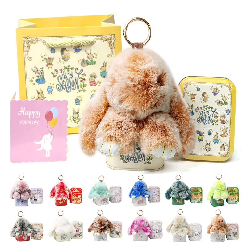 MINGRI Soft Bunny Keychain with Tin,Cute Easter Gift Plush Keychain for Backpack,Bag Charm Gift Key Chainï¼ˆKhaki - Image 1