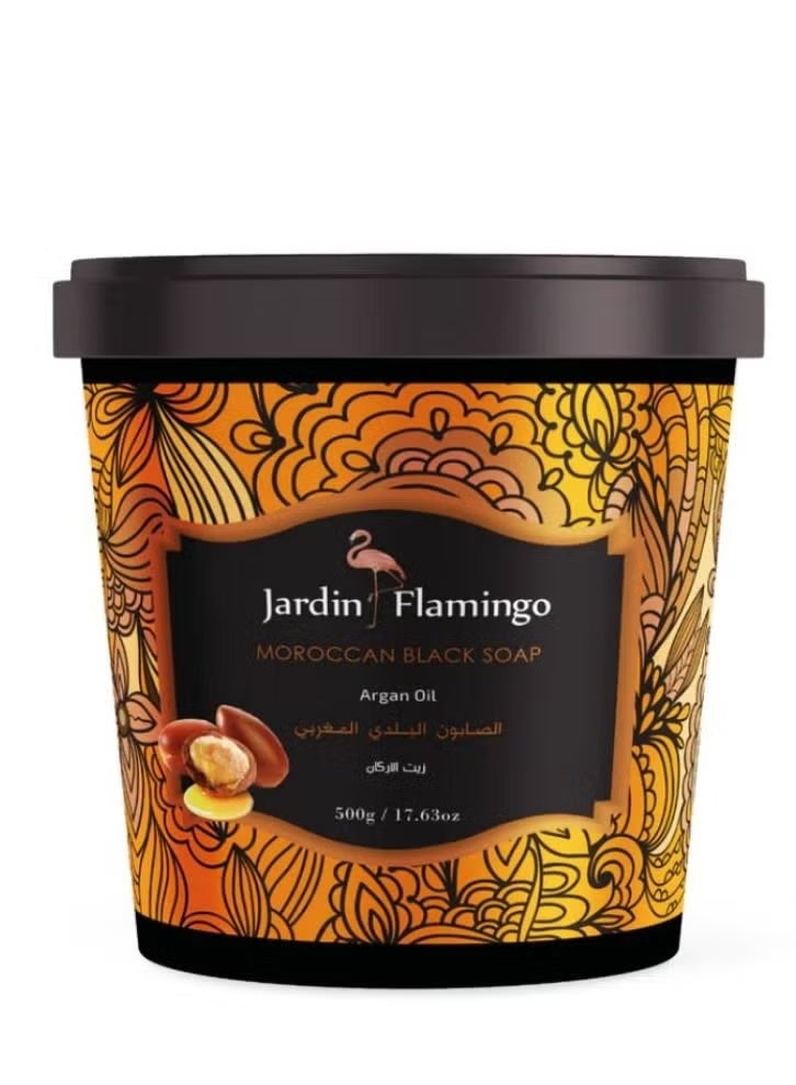 Jardin Flamingo Moroccan Black Soap with Argan Oil 500g | Deep Cleansing Hammam Body Scrub | Nourishing Olive & Argan Formula for Radiant Skin