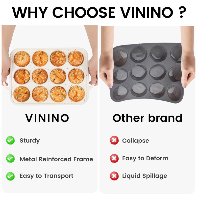 Vinino 1Pack Silicone Muffin Pan For Baking With Metal Reinforced Frame  12 Cup Regular Size Cupcake Pan  Bpa Free Silicone Muffin Tray  Cupcake Baking Pan Molds For Oven Dishwasher Safe - Cream - Image 4