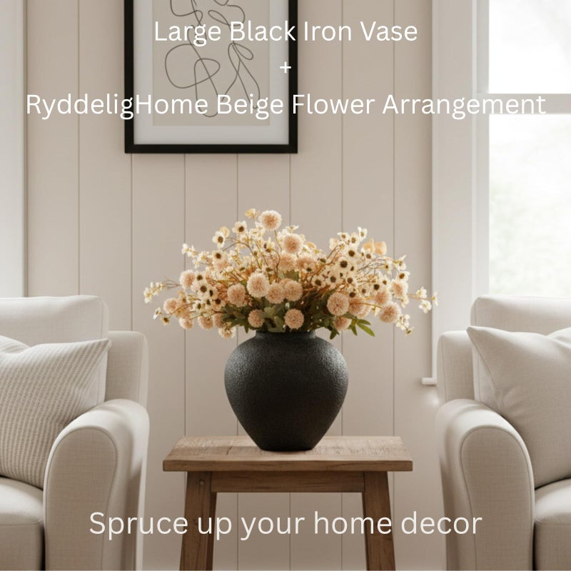 RyddeligHome Black Large Round Vase Pottery Look for Home Decor, Arina Black Rustic Iron Vase Modern Farmhouse, Console Table Decor, Earthy Textured Metal Big Black Round Vases for Centerpieces, Jarrones Grandes - Image 3