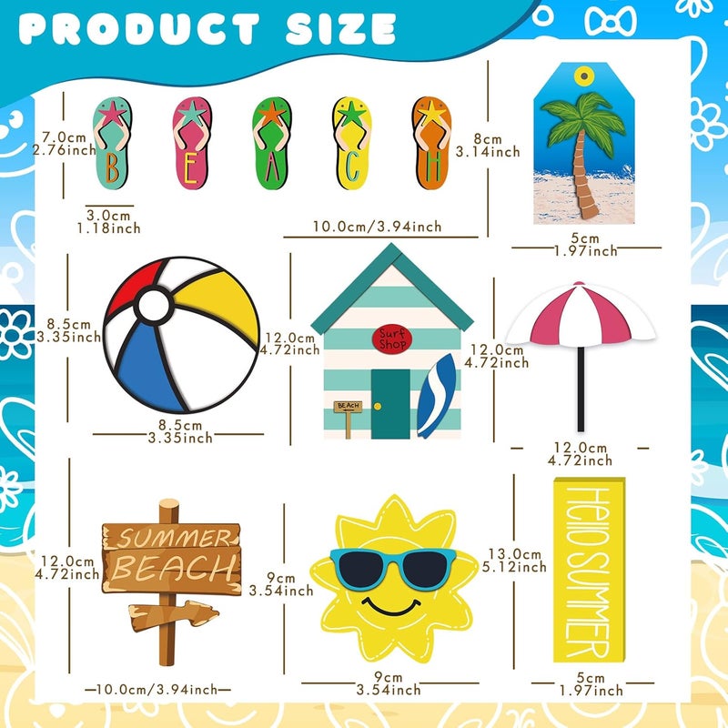 Marsui 12 Pcs Summer Hawaiian Tiered Tray Decor Hello Summer Tiered Tray Decorations Set Farmhouse Beach Slippers Wooden Signs Beach Balls Signs for Decorative Home Table - Image 4