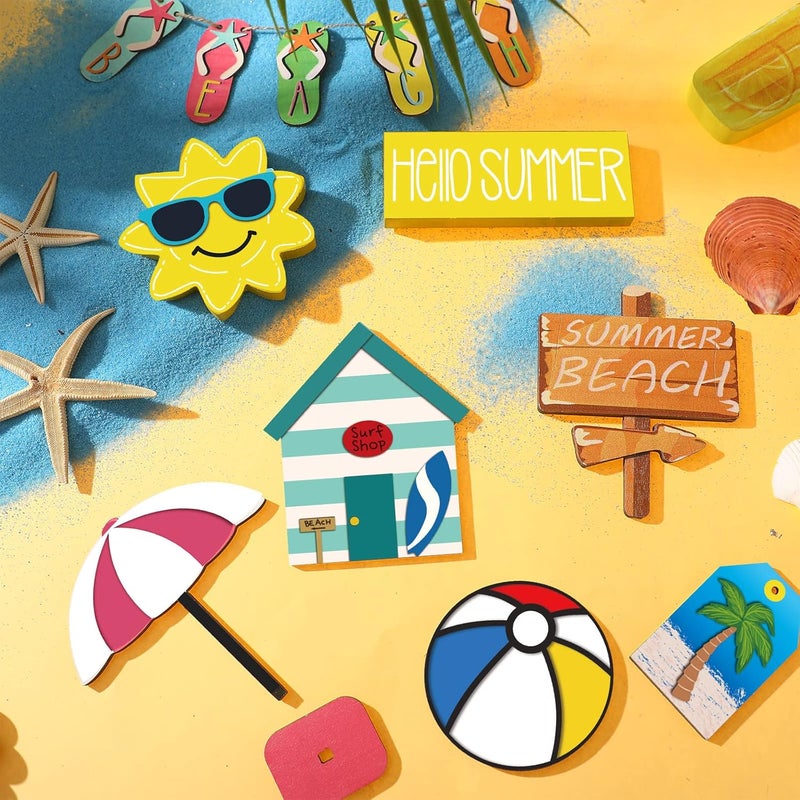Marsui 12 Pcs Summer Hawaiian Tiered Tray Decor Hello Summer Tiered Tray Decorations Set Farmhouse Beach Slippers Wooden Signs Beach Balls Signs for Decorative Home Table - Image 2