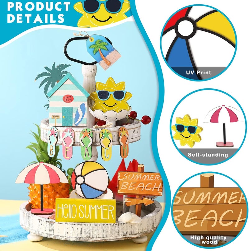 Marsui 12 Pcs Summer Hawaiian Tiered Tray Decor Hello Summer Tiered Tray Decorations Set Farmhouse Beach Slippers Wooden Signs Beach Balls Signs for Decorative Home Table - Image 3