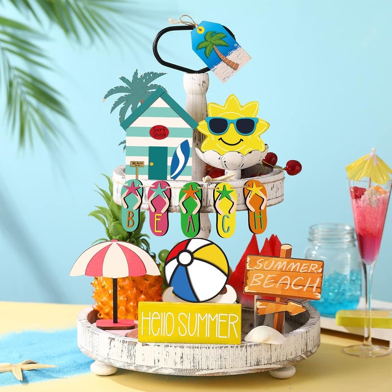 Marsui 12 Pcs Summer Hawaiian Tiered Tray Decor Hello Summer Tiered Tray Decorations Set Farmhouse Beach Slippers Wooden Signs Beach Balls Signs for Decorative Home Table - Image 5