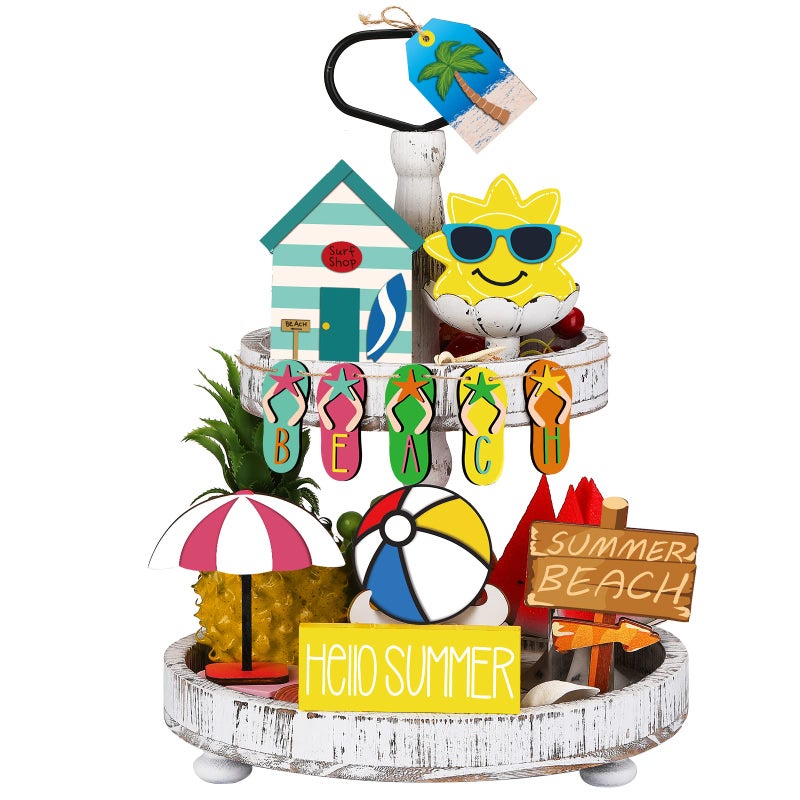 Marsui 12 Pcs Summer Hawaiian Tiered Tray Decor Hello Summer Tiered Tray Decorations Set Farmhouse Beach Slippers Wooden Signs Beach Balls Signs for Decorative Home Table - Image 1