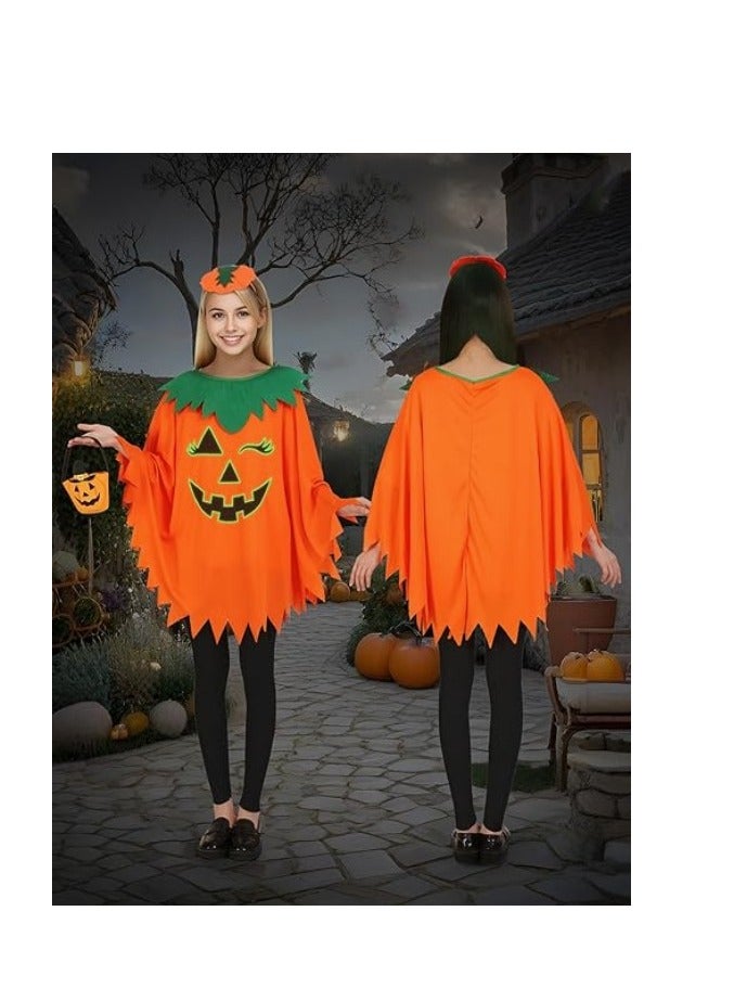 Halloween Pumpkin Costume for Women Kids,Glow in the Dark Adult Halloween Costume with Poncho,Headband & Bag - Image 4