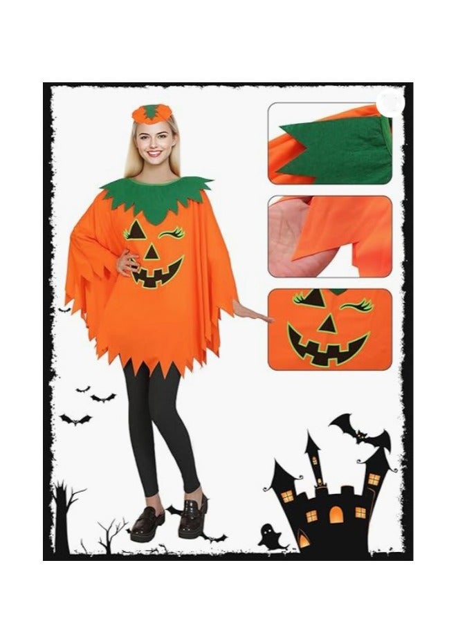 Halloween Pumpkin Costume for Women Kids,Glow in the Dark Adult Halloween Costume with Poncho,Headband & Bag - Image 2