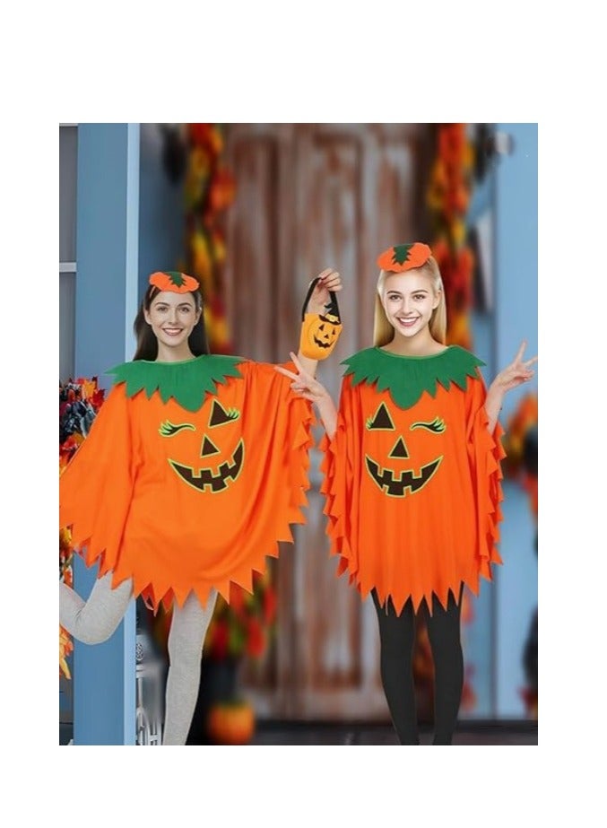 Halloween Pumpkin Costume for Women Kids,Glow in the Dark Adult Halloween Costume with Poncho,Headband & Bag - Image 5