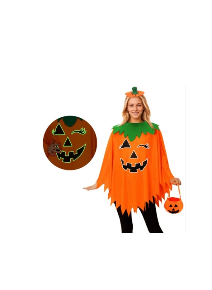 Halloween Pumpkin Costume for Women Kids,Glow in the Dark Adult Halloween Costume with Poncho,Headband & Bag - Image 1