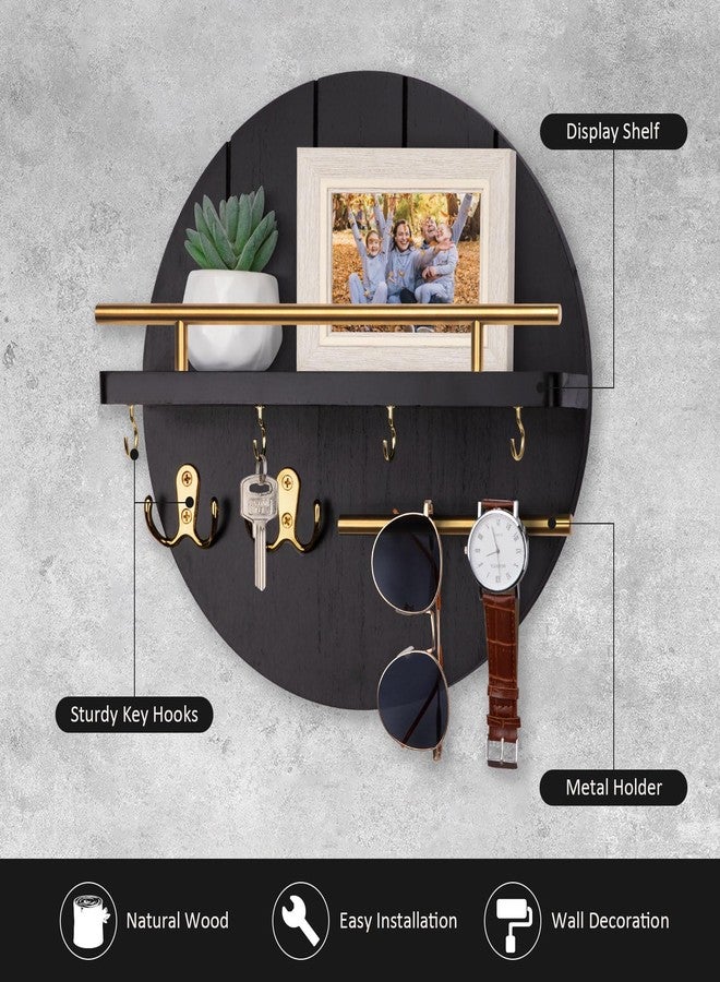 Nekon Wall Mount Key Holder, 11.8 Inch Rack With Shelf and 6 Hooks, Rustic Mail Organizer, Circular Wooden Hanger for Entryway Hallway Kitchen (Black&Gold) - Image 2
