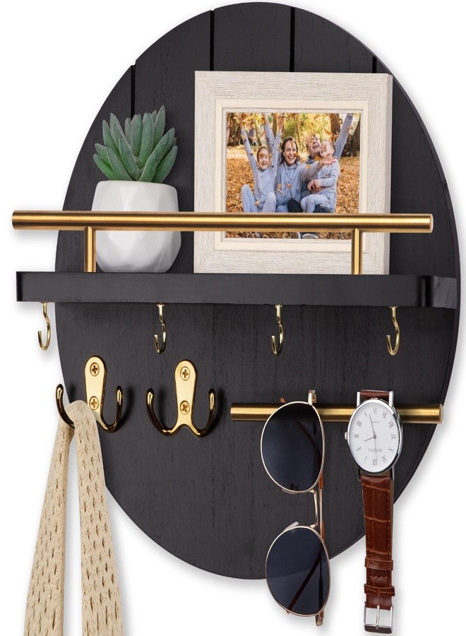Nekon Wall Mount Key Holder, 11.8 Inch Rack With Shelf and 6 Hooks, Rustic Mail Organizer, Circular Wooden Hanger for Entryway Hallway Kitchen (Black&Gold) - Image 1