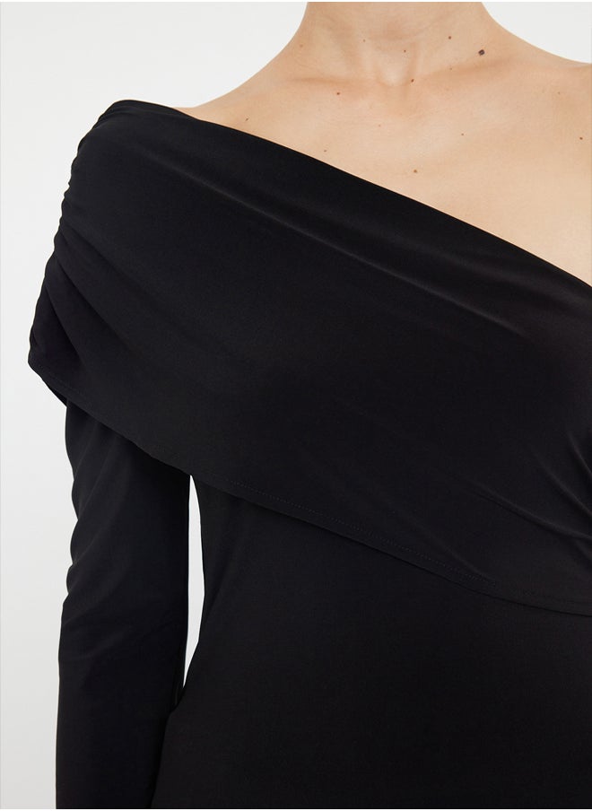 Black Single Sleeve Drape Detailed Asymmetrical Fitted Regular/Normal Flexible Knitted Blouse TWOAW25BZ00029