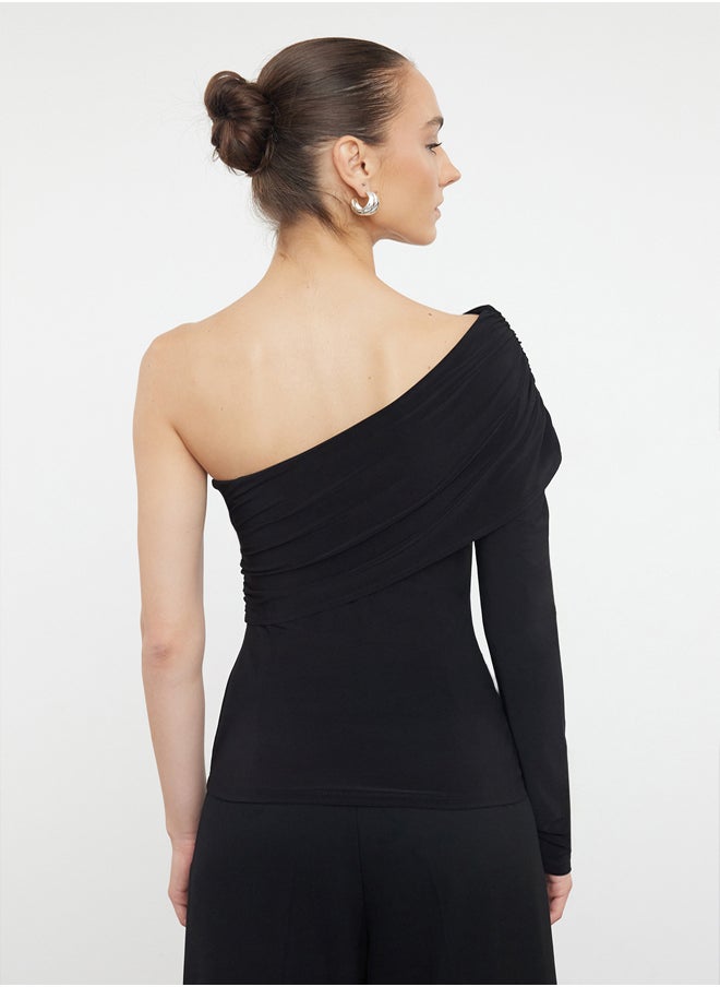 Black Single Sleeve Drape Detailed Asymmetrical Fitted Regular/Normal Flexible Knitted Blouse TWOAW25BZ00029