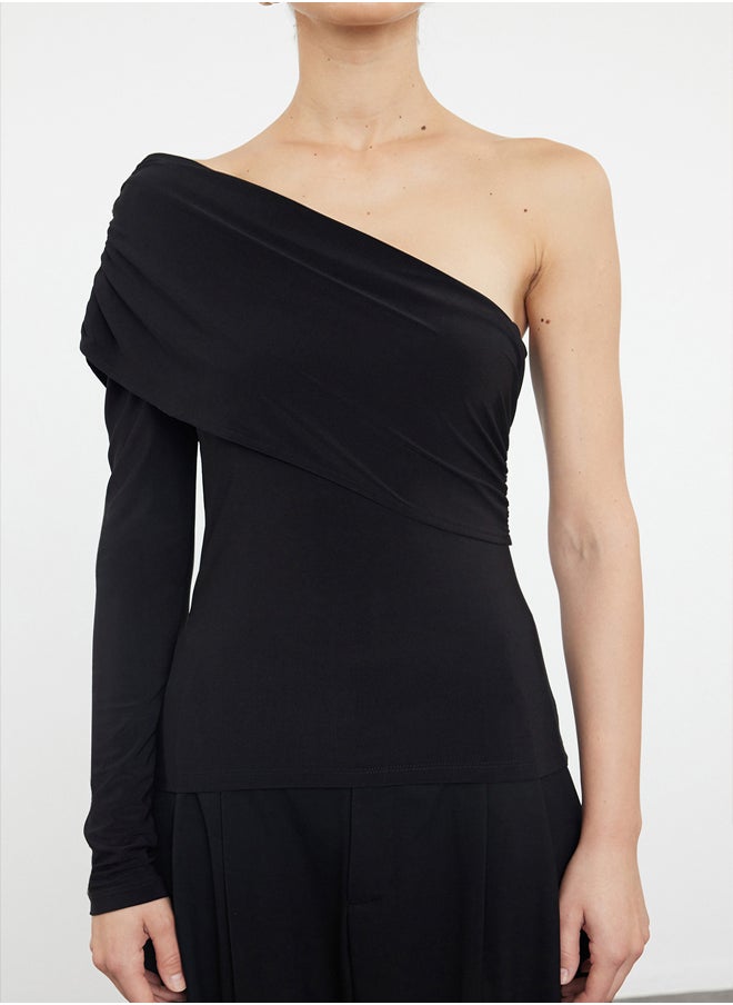 Black Single Sleeve Drape Detailed Asymmetrical Fitted Regular/Normal Flexible Knitted Blouse TWOAW25BZ00029