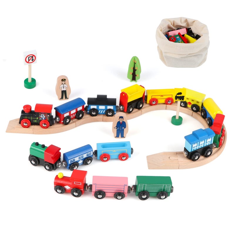 Joqutoys 31 PCS Wooden Train Cars Magnetic Train Set Includes 15 Cars 10 Bonus Connectors Storage Bag Wooden Train Set Toy Train for Kids Toddlers Compatible with Major Brands Train Tracks Set