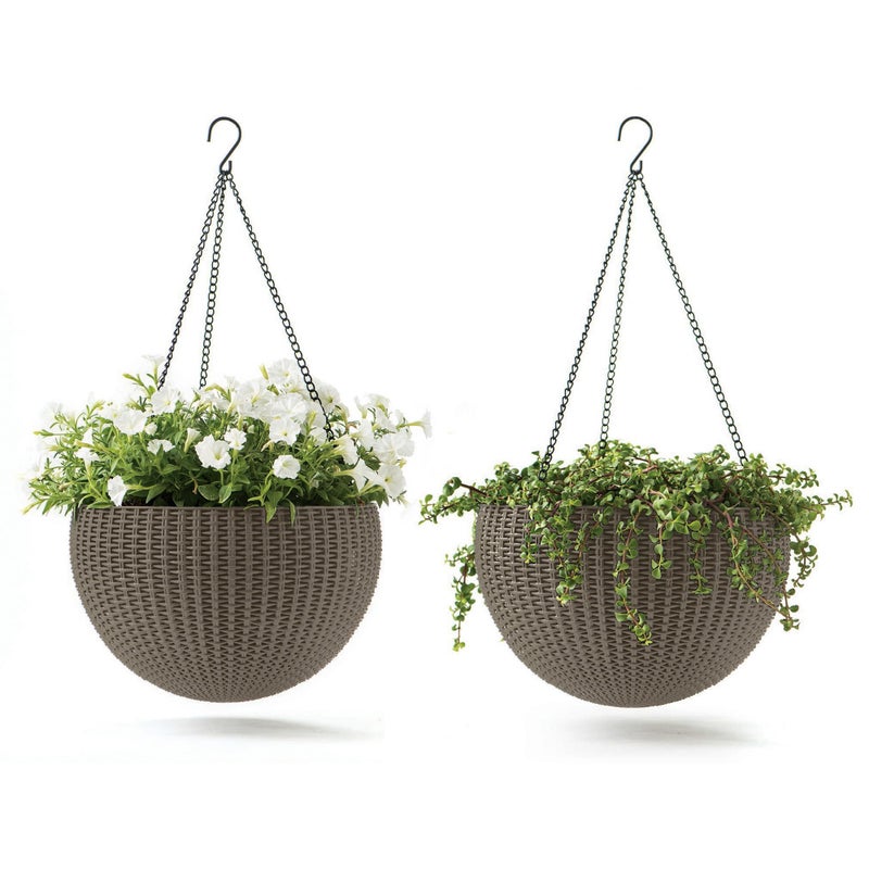 Keter Resin Rattan Set of 2 Round Hanging Planter Baskets for Indoor and Outdoor Plants-Perfect for Porches and Patio Decor, Cappuccino - Image 1