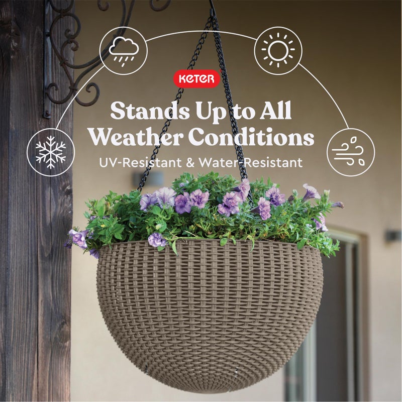 Keter Resin Rattan Set of 2 Round Hanging Planter Baskets for Indoor and Outdoor Plants-Perfect for Porches and Patio Decor, Cappuccino - Image 4