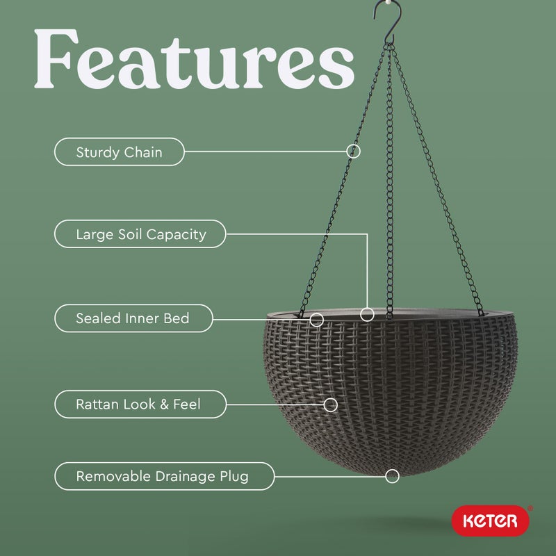 Keter Resin Rattan Set of 2 Round Hanging Planter Baskets for Indoor and Outdoor Plants-Perfect for Porches and Patio Decor, Cappuccino - Image 5
