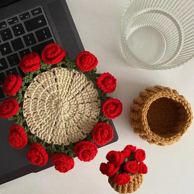 Hand Crochet Rose Flower Coasters Set, Heat Resistant, Reusable Mat Table Decor Gift - Image 2