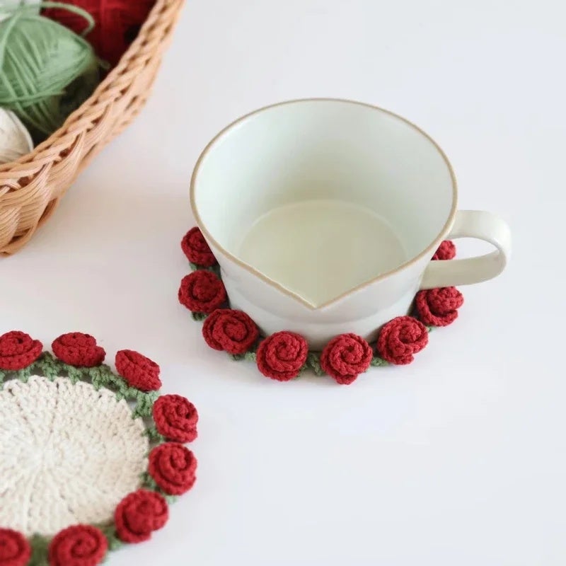 Hand Crochet Rose Flower Coasters Set, Heat Resistant, Reusable Mat Table Decor Gift - Image 4