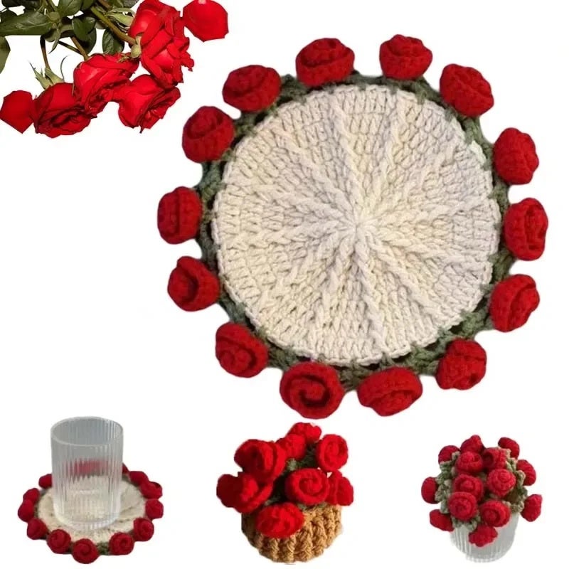 Hand Crochet Rose Flower Coasters Set, Heat Resistant, Reusable Mat Table Decor Gift - Image 3