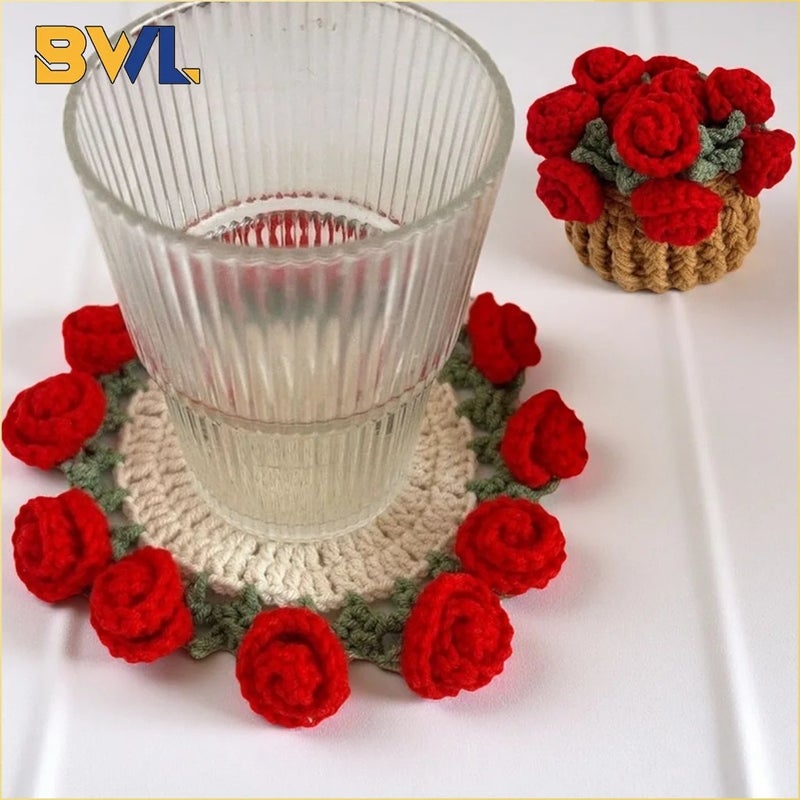 Hand Crochet Rose Flower Coasters Set, Heat Resistant, Reusable Mat Table Decor Gift - Image 1