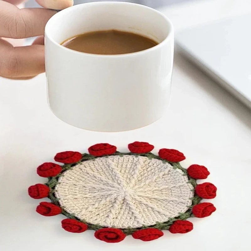 Hand Crochet Rose Flower Coasters Set, Heat Resistant, Reusable Mat Table Decor Gift - Image 5